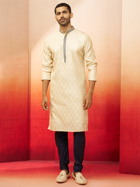 Men's Cream Embroidered Kurta with Navy Blue Churidar